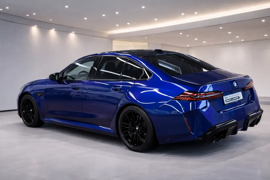 BMW M5 G90 hybride rechargeable vue arrière trois-quarts design sportif LED