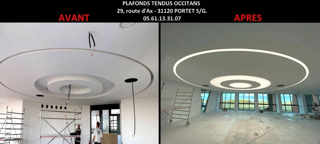 Plafonds tendus cercles lumineux rétro-éclairés chantier VEOLIA Toulouse 