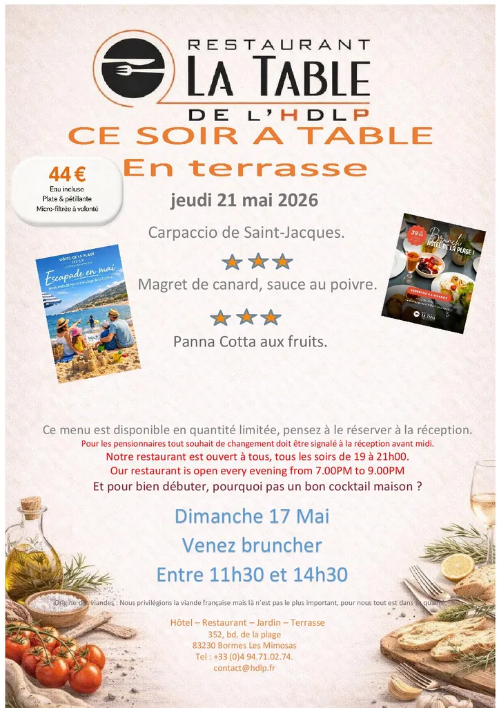 Menu du soir restaurant à Bormes Les Mimosas La Table de L'HDLP ce jeudi 21 mai.