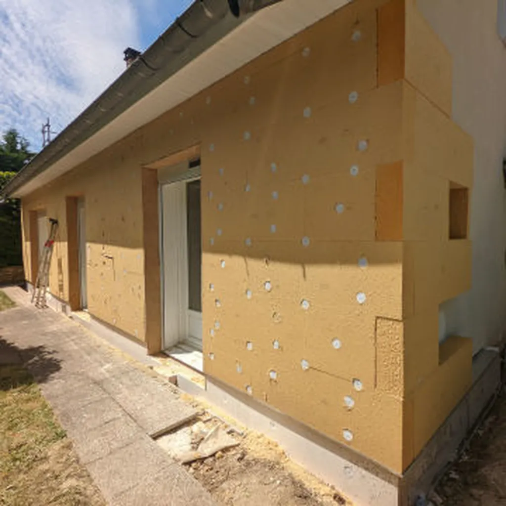 Isolation thermique extérieure écologique maison ossature bois avec panneaux fibres de bois biosourcé perméable vapeur et enduit organique à Avignon Vaucluse