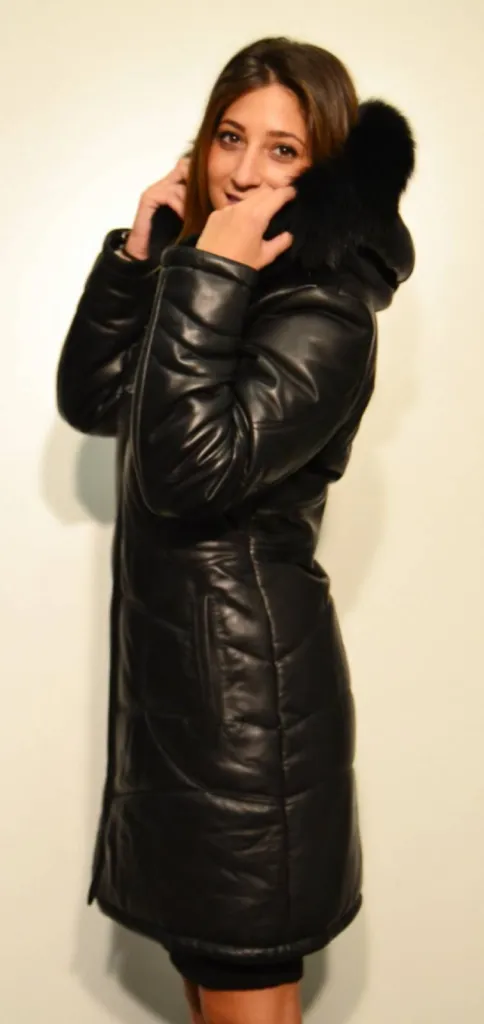 manteau doudoune cuir noir femme