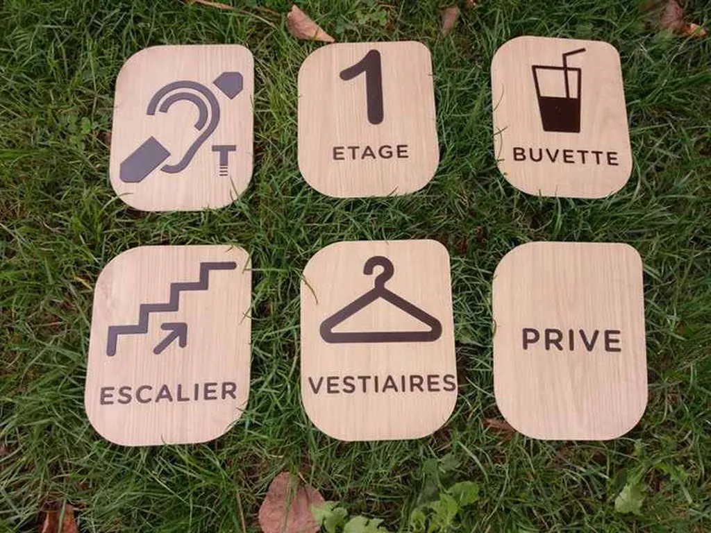 Création de plaques en relief gravées en bois pour théâtre à Grenoble en Isère : signalétique accessible et esthétique en bois naturel