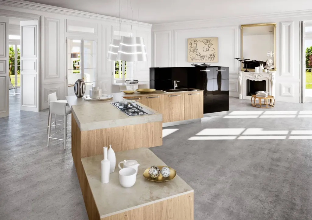 Cuisine sur mesure en bois naturel et laque soie aux lignes contemporaines à Bandol