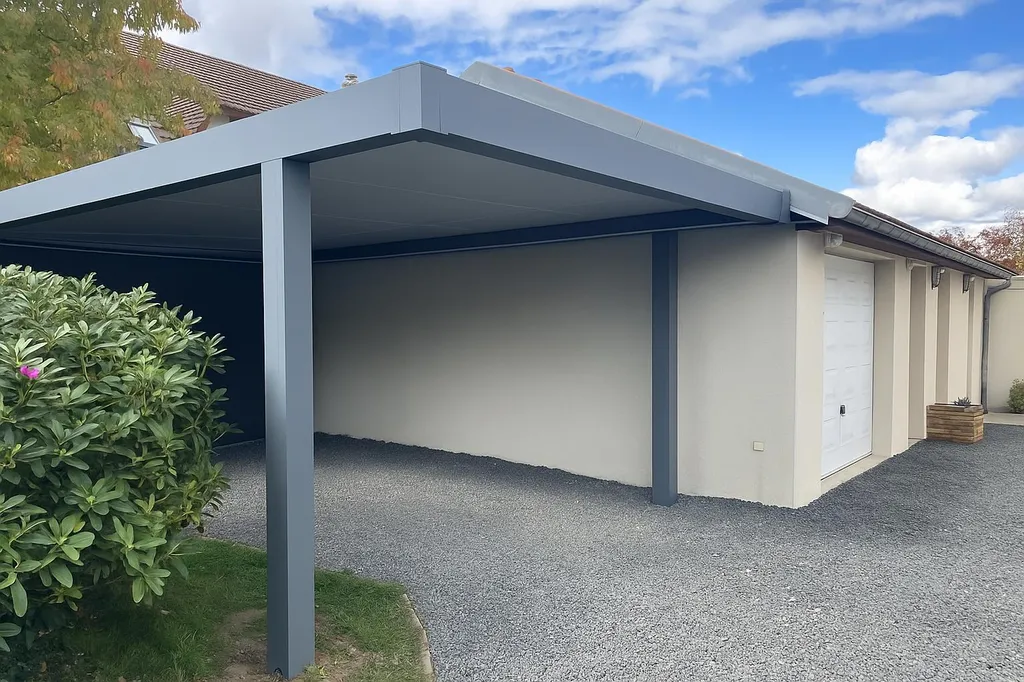 Abri de voiture aluminium adossé Tschoeppe à Ajaccio : appui sur façade existante, toiture au choix, sur mesure pour 1 ou 2 véhicules,  résistant à l'air marin