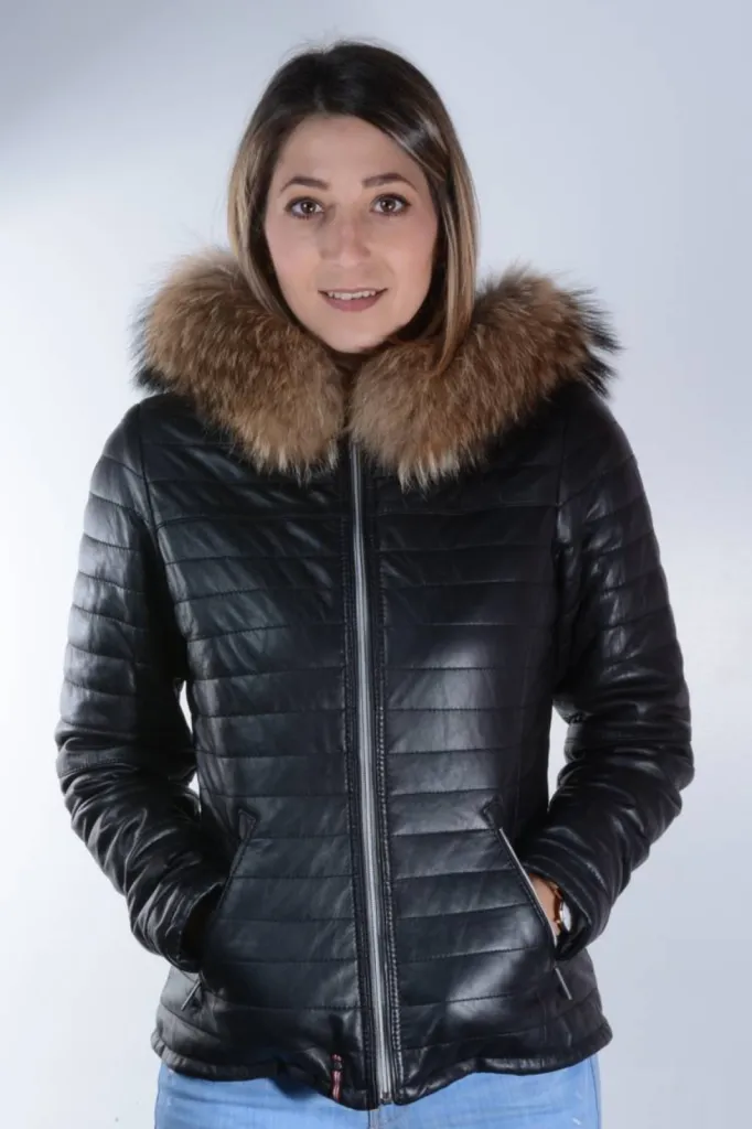 veste doudoune cuir noir capuche Oakwood