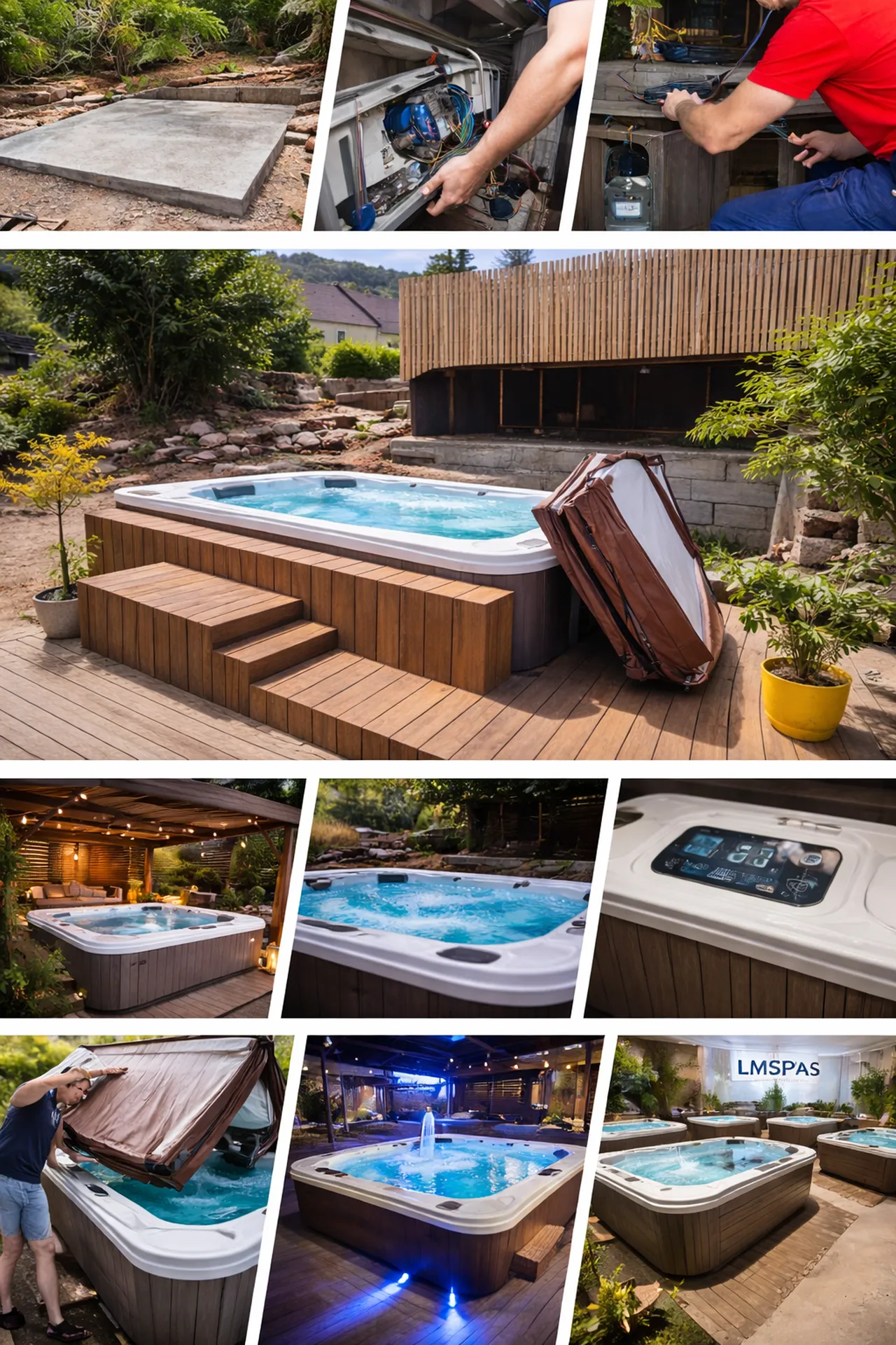 Illustration représentant différents types de spas installés dans divers environnements : résidentiel, professionnel et extérieur. L’image met en avant la qualité des installations, la diversité des modèles et les possibilités d’intégration esthétique dan