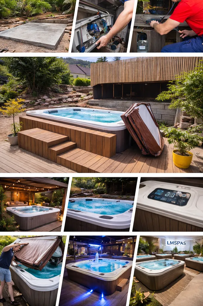 Illustration représentant différents types de spas installés dans divers environnements : résidentiel, professionnel et extérieur. L’image met en avant la qualité des installations, la diversité des modèles et les possibilités d’intégration esthétique dan