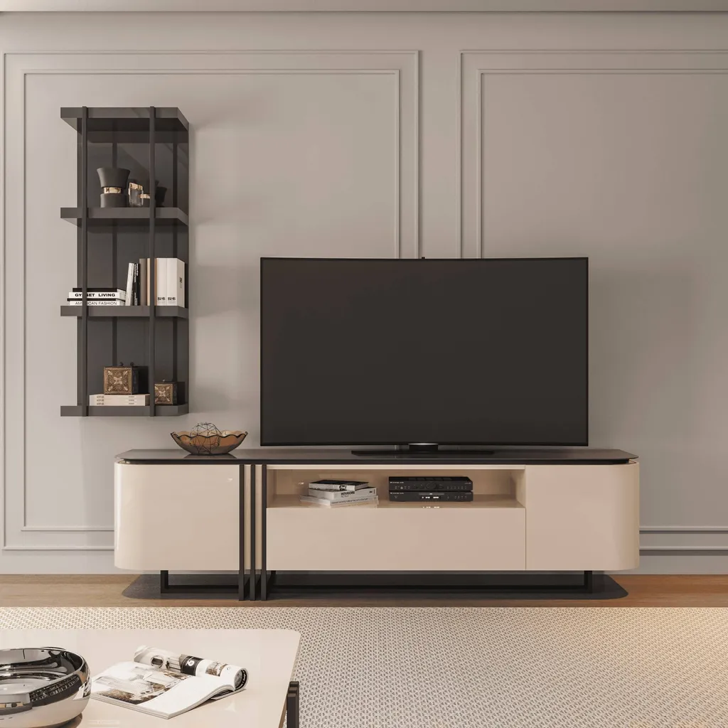 Meuble TV blanc laqué en bois de chêne et inox à hyères près de La Londe