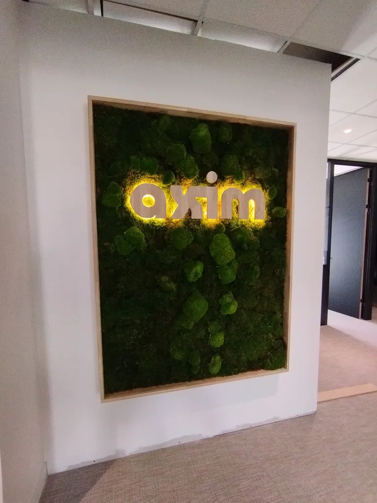 Mise en place d'un tableau végétal de mousse stabilisée dans le hall d'entrée du promoteur immobilier Axim à Champagne-au-Mont-d'Or dans l'ouest lyonnais