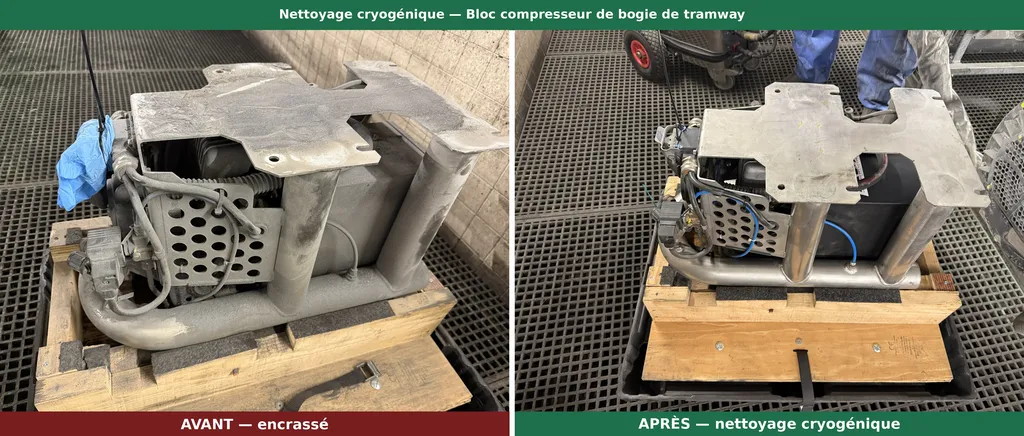 avant après compresseur de bogie tramway nettoyé au nettoyage cryogénique