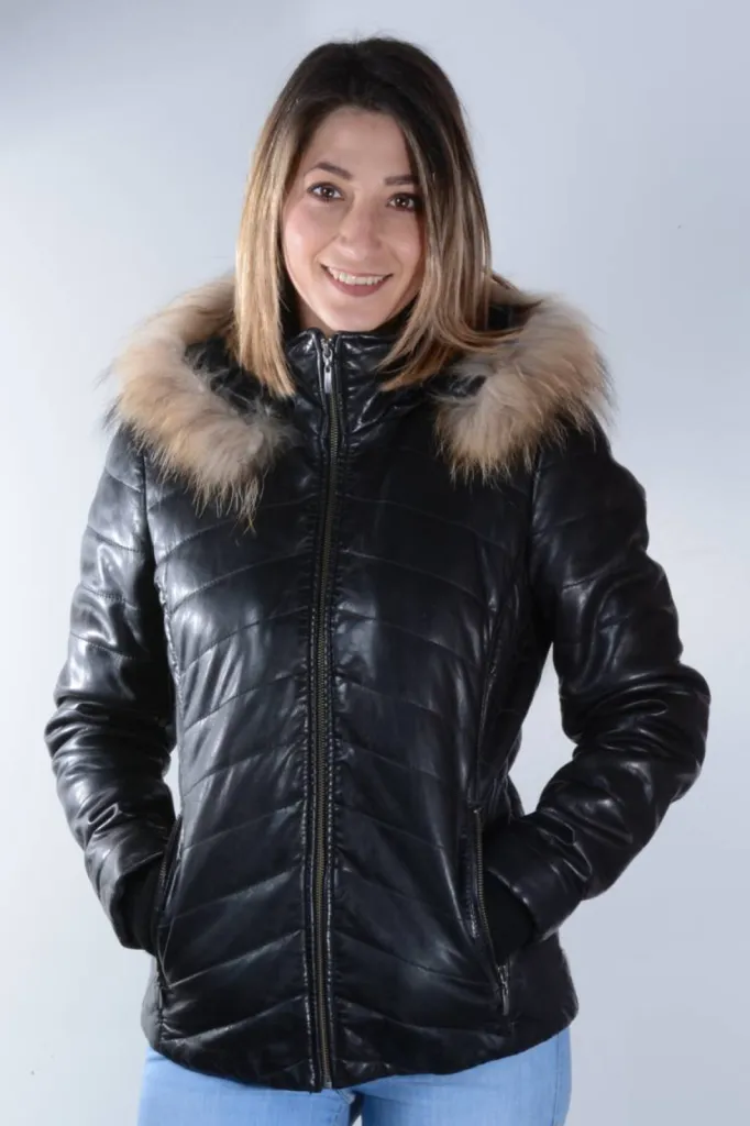 blouson capuche cuir noir femme