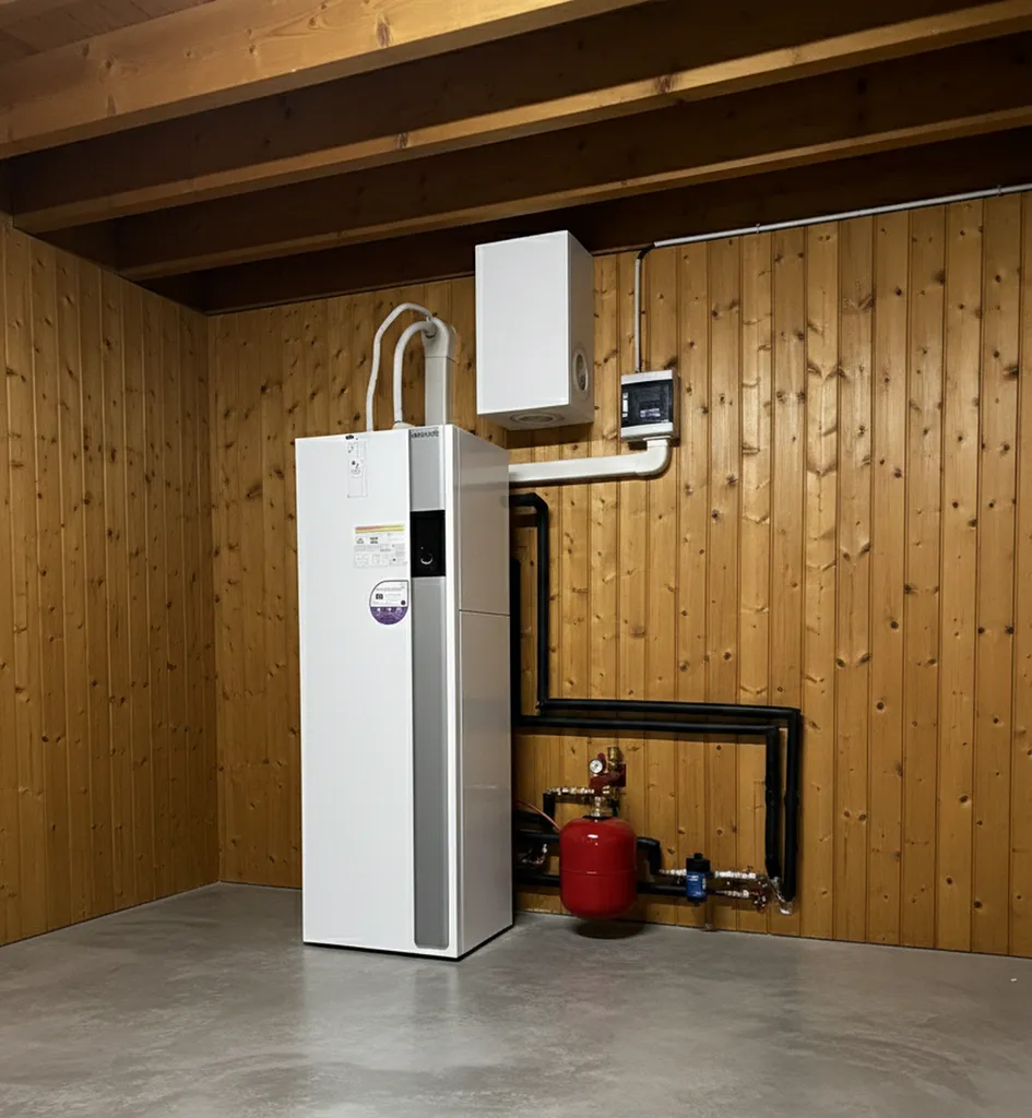 Technicien réglant la régulation d’une pompe à chaleur air-eau réversible sur écran mural, avec radiateur existant en arrière-plan dans une maison de Montendre.