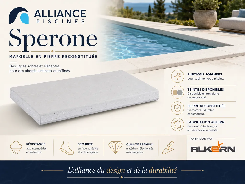 margelle en pierre reconstituée spérone chez alliance piscines 83 dans le Var