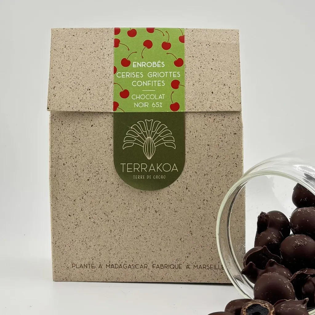 Griottes enrobées chocolat noir Terrakoa cerises confites chocolat bean-to-bar fabriqué à Marseille cacao Madagascar