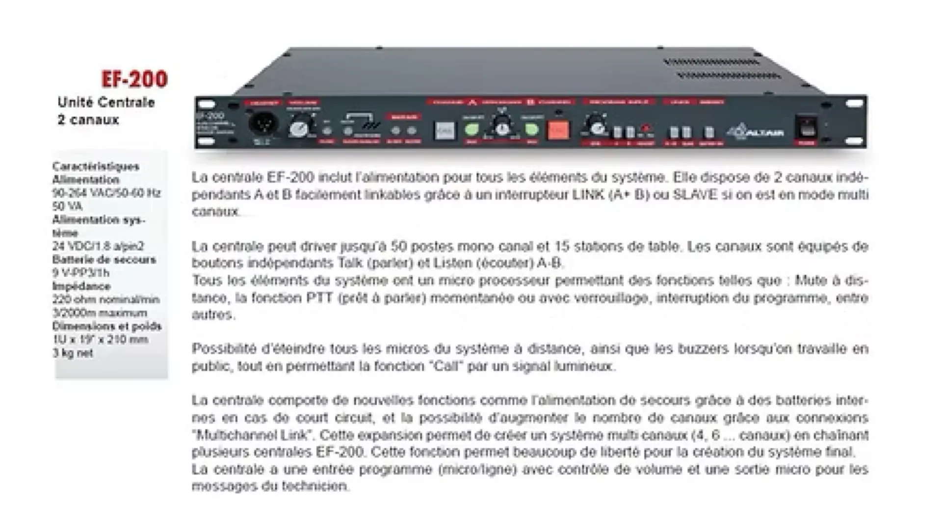CENTRALE INTERCOM FILAIRE + 2 POSTES FILAIRES ALTAIR EF200
