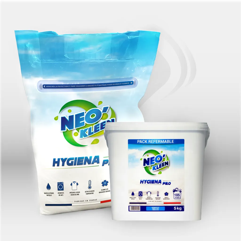Lessive désinfectante virucide Neo Kleen pour blanchisserie professionnelle, idéale pour le nettoyage et la désinfection du linge en collectivités, établissements de santé, hôtels et restaurants, garantissant hygiène, propreté et efficacité de lavage au q