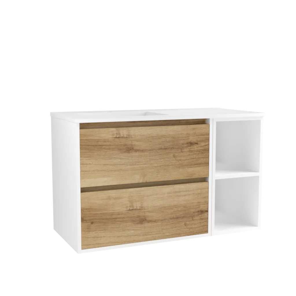 Trouvez le meuble de salle de bain BIRDIE en bois chêne doré dans notre showroom près de Rouen, à Franqueville-Saint-Pierre.