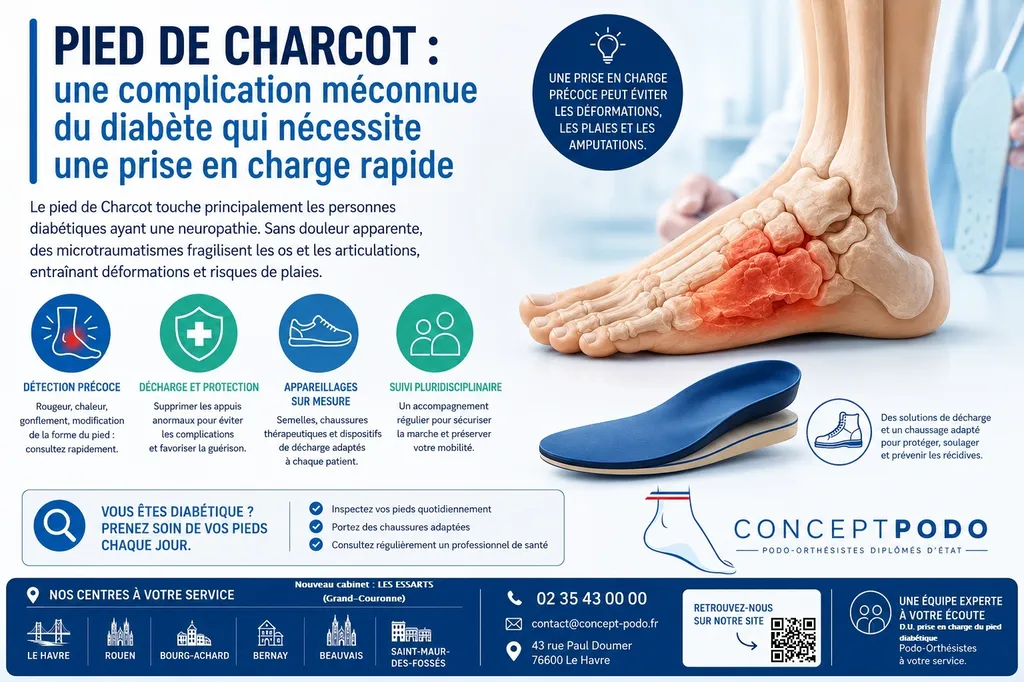 Pied de Charcot : symptômes, risques et solutions de décharge sur mesure en Normandie et Îlde de France chez Concept-podo podo-orthésistes D.U prise en charge du pied diabétique