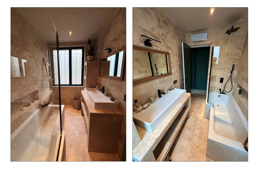 Salle de bain rénovée à Marseille 13012 avec meuble maçonné, double vasque et revêtement en travertin – projet AGENCE MRC