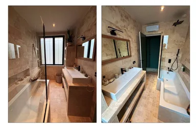 Salle de bain rénovée à Marseille 13012 avec meuble maçonné, double vasque et revêtement en travertin – projet AGENCE MRC