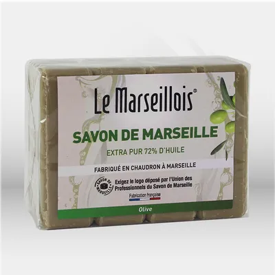 Savonnette de Marseille parfum olive Le Marseillois 250 g pour hygiène des mains et du corps, idéale pour hôtels, restaurants et collectivités, offrant une solution douce, naturelle et efficace pour le lavage quotidien en milieu professionnel – disponible