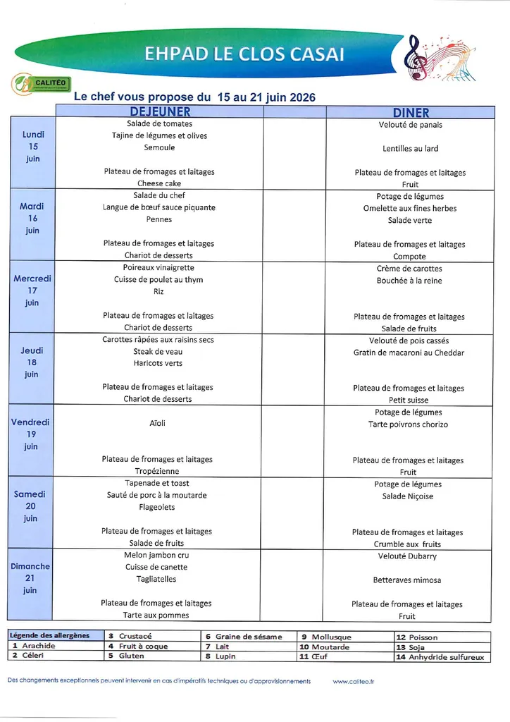 Menu du lundi 15 au dimanche 21 juin 2026