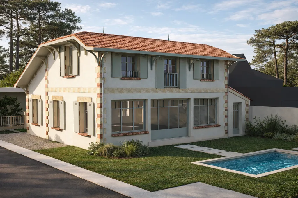 Extension et surélévation d’une maison arcachonnaise à Arcachon, quartier de l’Aiguillon, par AKIKO Architecture. La rénovation ouvre les espaces de vie sur le jardin grâce à de larges baies vitrées et une piscine contemporaine, dans l’esprit des villas d