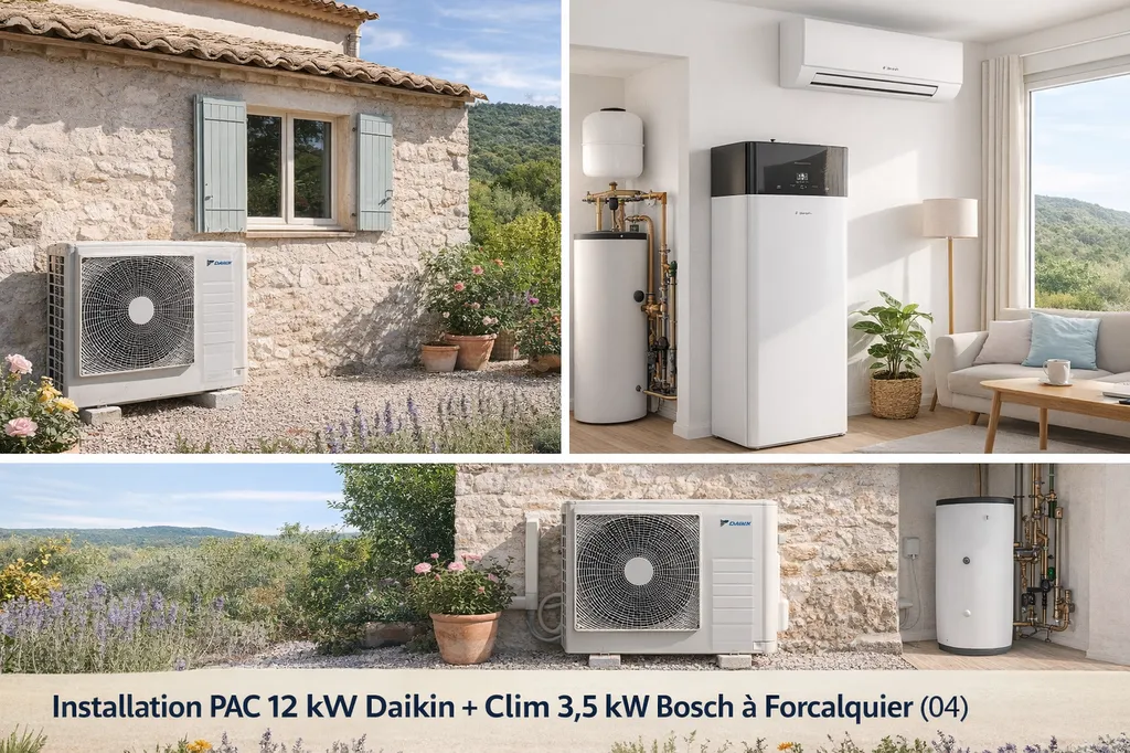 Réalisation à Forcalquier : installation d’une pompe à chaleur Daikin 12 kW + climatisation Bosch 3,5 kW
