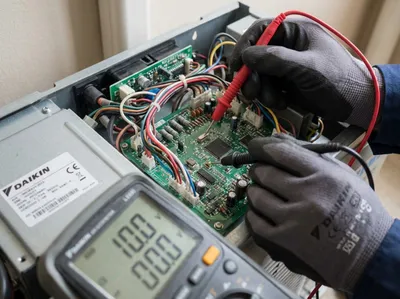 Technicien frigoriste CGF diagnostique une panne de climatisation Daikin au Pontet avec multimètre