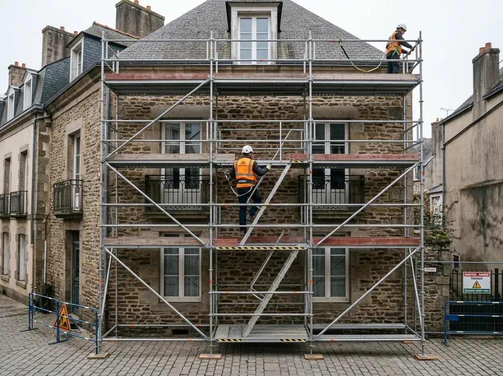 Accès sécurisé aux zones de travail en hauteur sur un échafaudage de façade, avec circulation verticale protégée, garde-corps en place et configuration adaptée à un usage professionnel.