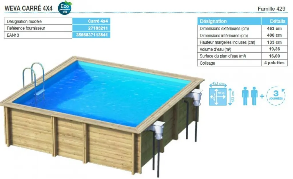 Piscine bois carré 4m x 4m proposée par Aquarev'Piscines à Banon 04150
