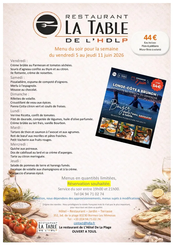 Menu du soir pour la semaine du 5 au 11 juin 2026 - La Table de L'HDLPL-Hôtel de La Plage. 