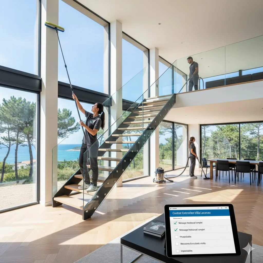 homme et femme de ménage nettoyant une villa de luxe à Lacanau