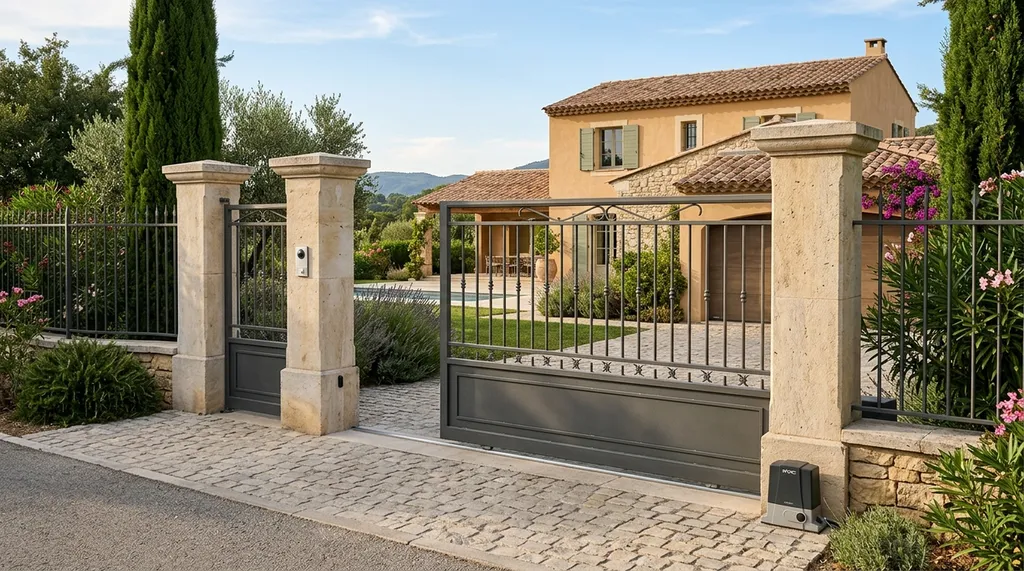 Installation d'un portail coulissant en fer forgé pour votre villa à Marseille vers Aubagne : motorisation intégrée et thermolaquage