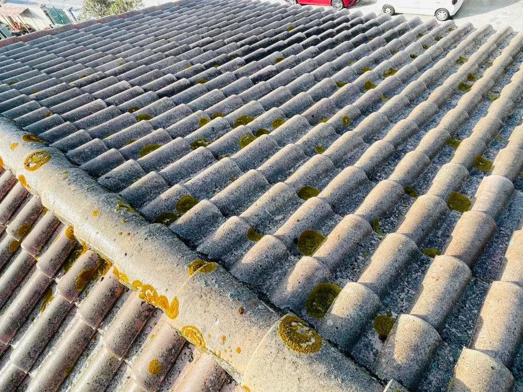 Nettoyage et traitement des tuiles mécaniques Romane d’une toiture de maison près d’Aix en Provence.