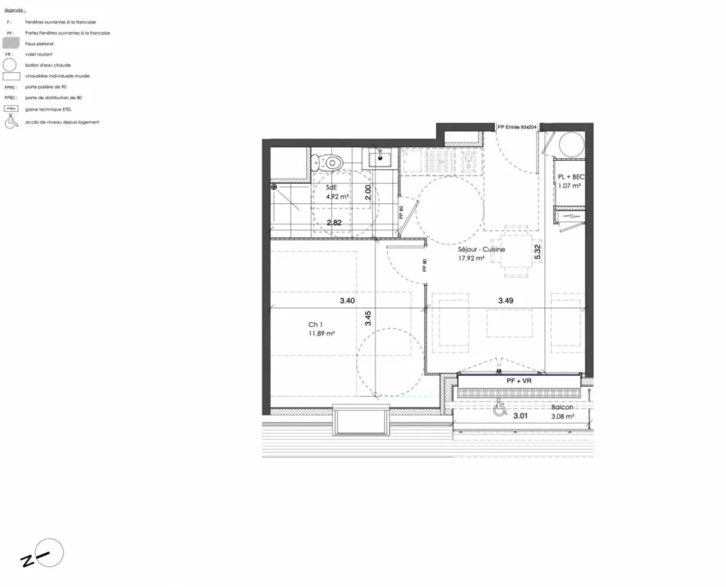 Plan appartement 1 chambre avec balcon et ascenseur Darnétal centre 