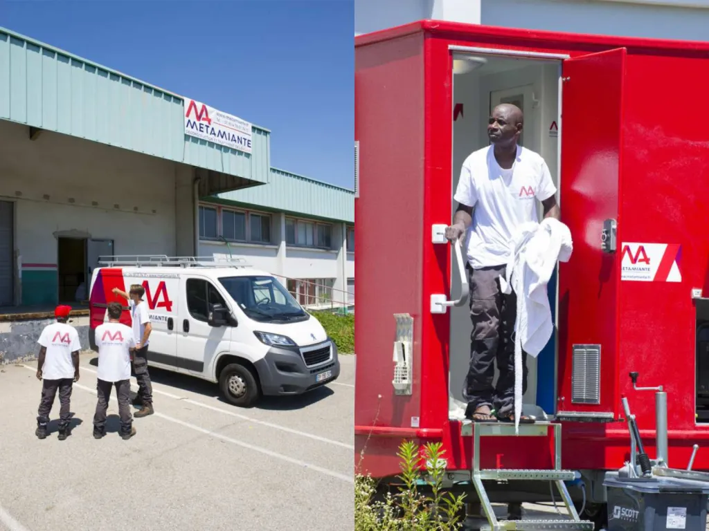 photographe chantier BTP équipe sur le chantier sortie d'un intervenat du local propre