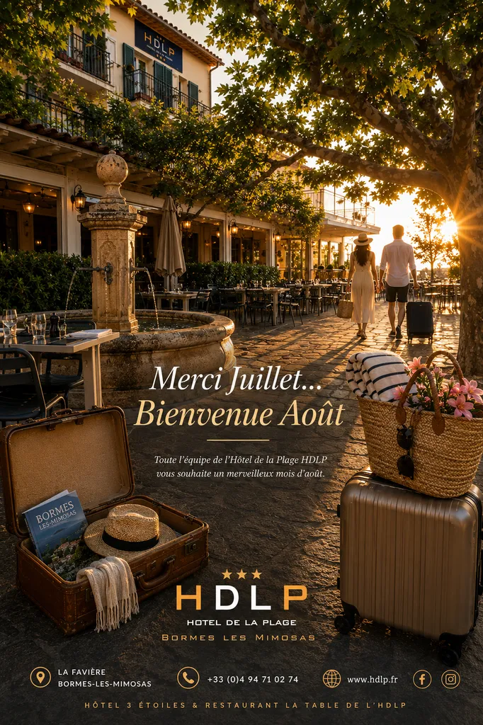 Terrasse de l'Hôtel de la Plage HDLP à Bormes-les-Mimosas au coucher du soleil pour souhaiter la bienvenue aux vacanciers du mois d'août.