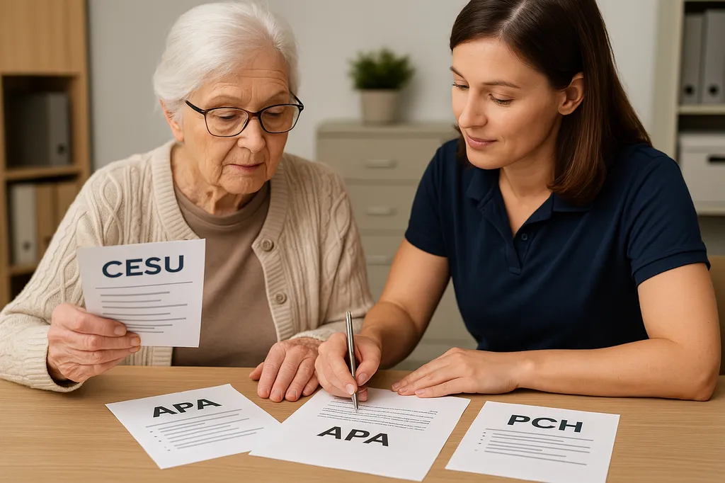 Dossier administratif pour l’aide à domicile dans le Var : une senior accompagnée par une conseillère examine les documents APA, PCH et CESU.