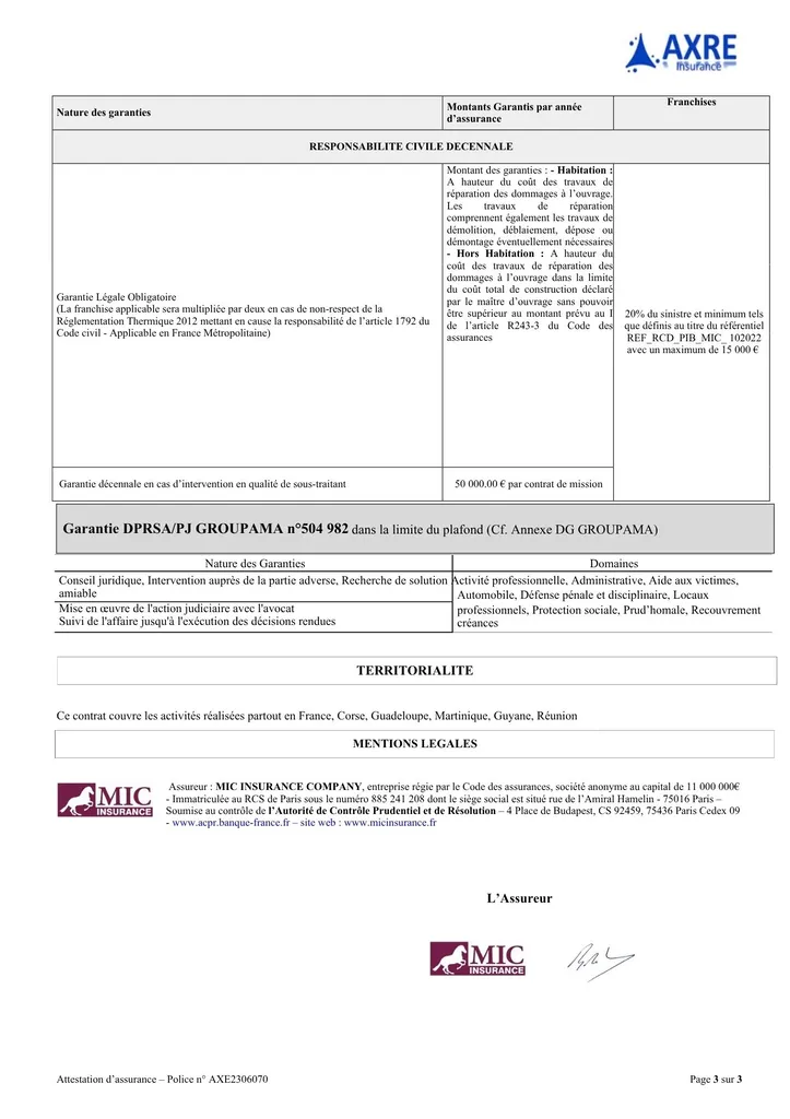 Attestation d'assurance de Responsabilité Décennale et de Responsabilité Civile - p3