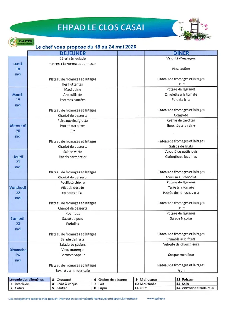 Menu du lundi 18 mai au dimanche 24 mai 2026