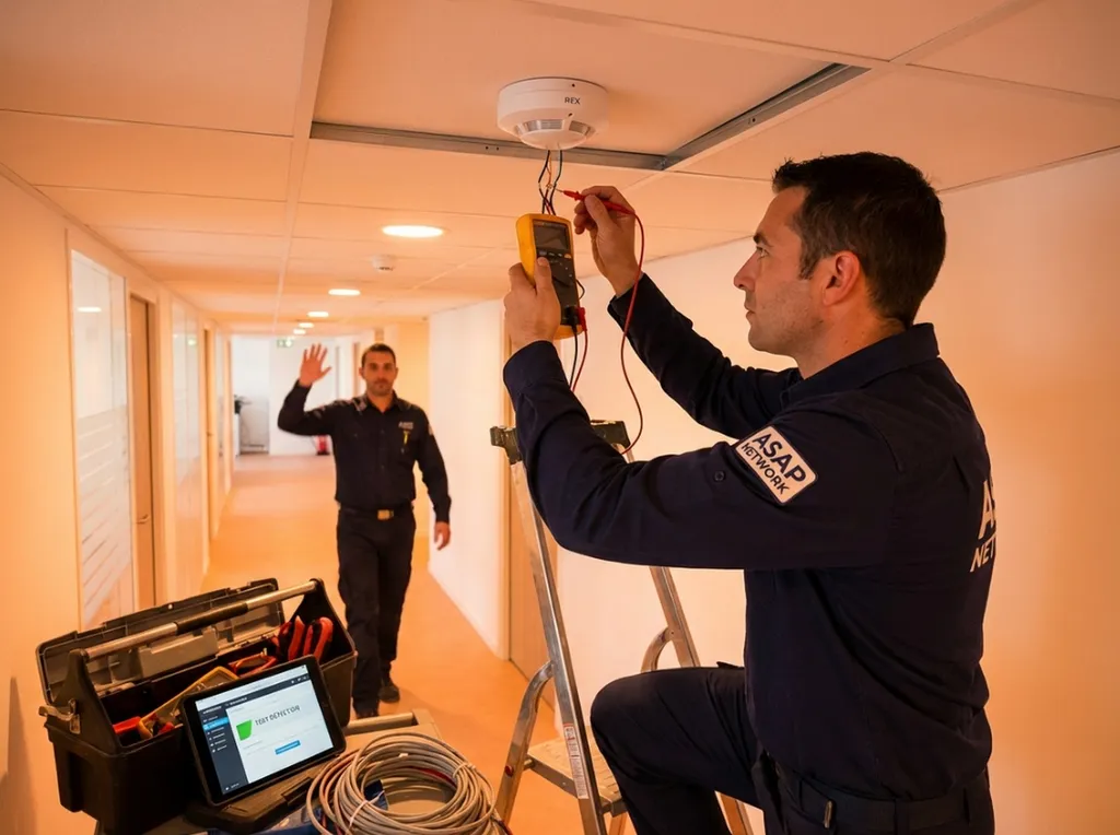 Technicien professionnel ASAP Network dépannage détecteur REX, vérification câblage 12-24V multimètre, tests détection zone couverture, diagnostic problèmes courants (fausses alarmes, portée insuffisante, temporisation)