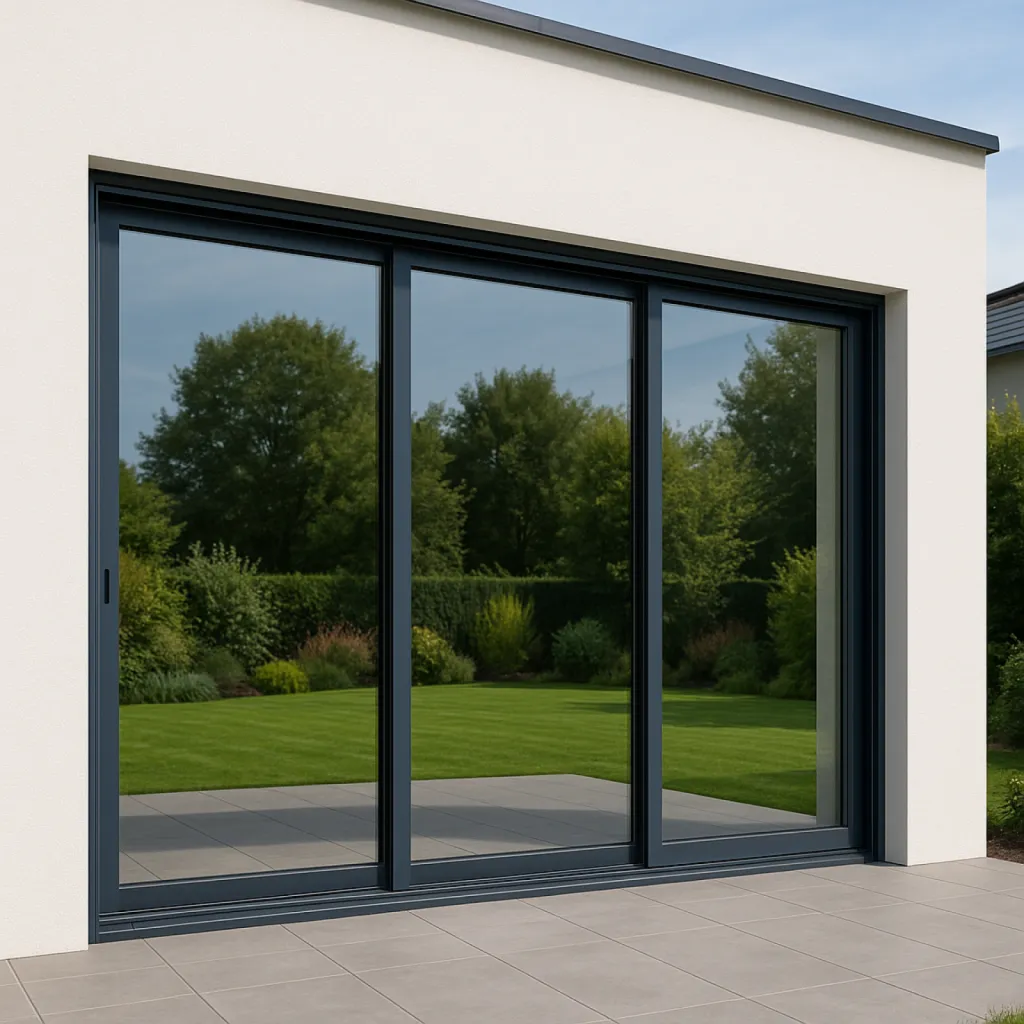Découvrez nos coulissants aluminium Confort+ XL 3 rails laqués RAL 7016 satiné, grandes dimensions 3110x2940 mm, avec vitrage isolant 31 mm à Évry-Courcouronnes