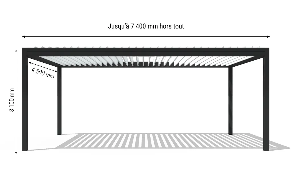 Pergola bioclimatique XXL : couvrez une grande terrasse ou une piscine avec jusqu'à 7,4 mètres de large sans module supplémentaire