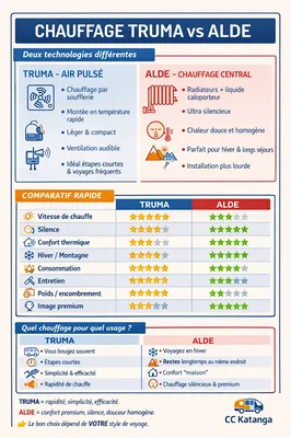 Chauffage camping‑car Truma ou Alde : comparez rapidité, silence et confort thermique pour choisir le système idéal selon votre style de voyage. Truma offre efficacité et légèreté, tandis qu’Alde garantit un confort premium et une chaleur homogène, parfai