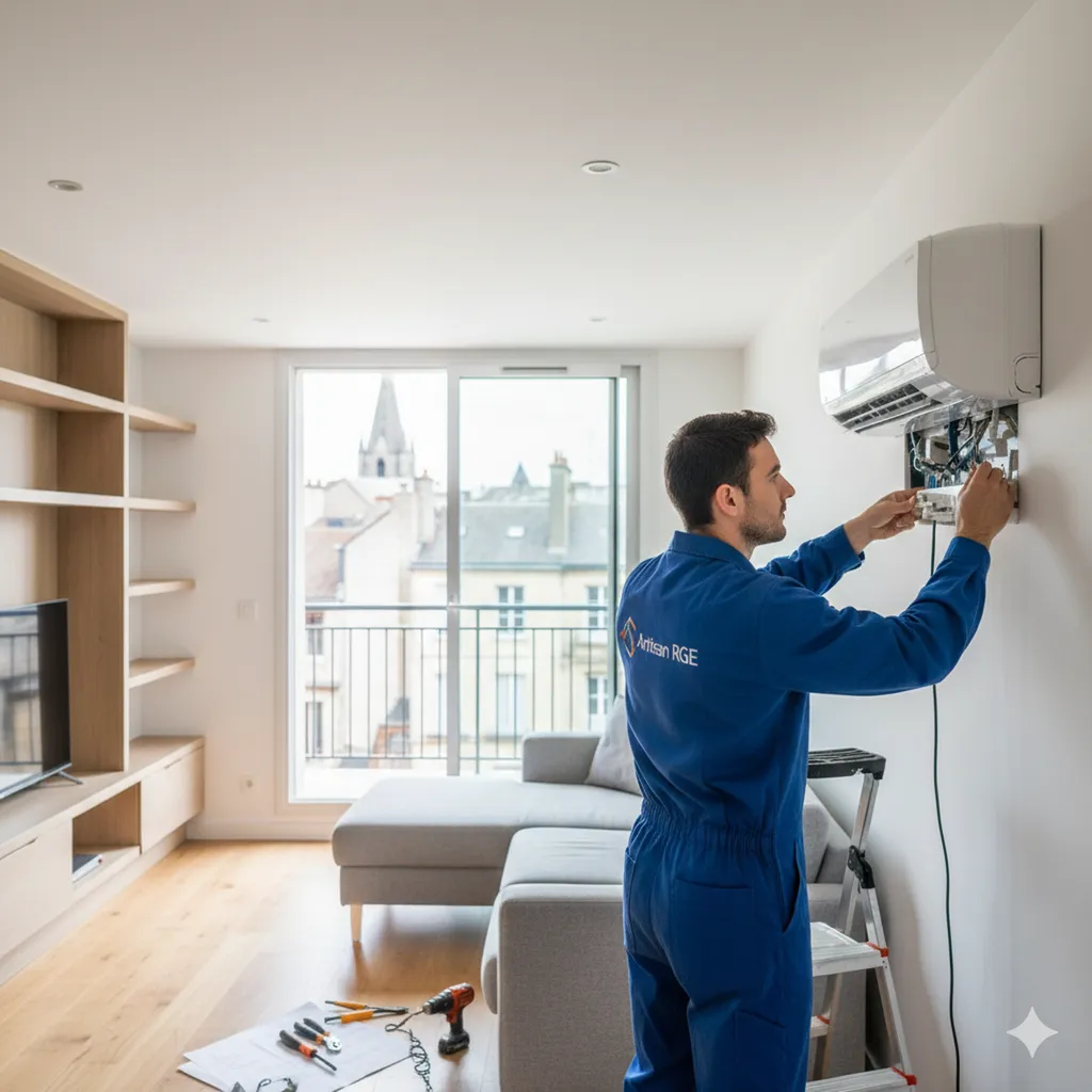 Artisan RGE installant une unité intérieure de climatisation réversible multisplit dans un salon moderne à Bordeaux.