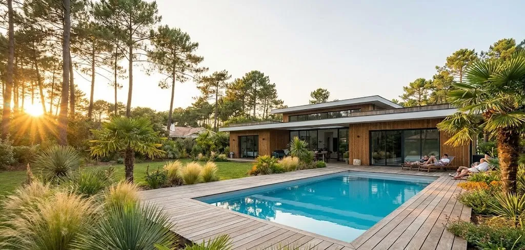 Piscine à coques installée dans un jardin paysagé d’une maison contemporaine à Andernos-les-Bains 33510 en Gironde, avec terrasse bois.