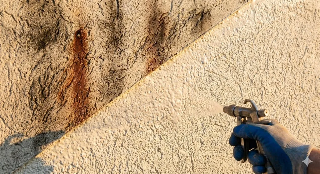 Nettoyage professionnel de façade en crépi avec traitement durable