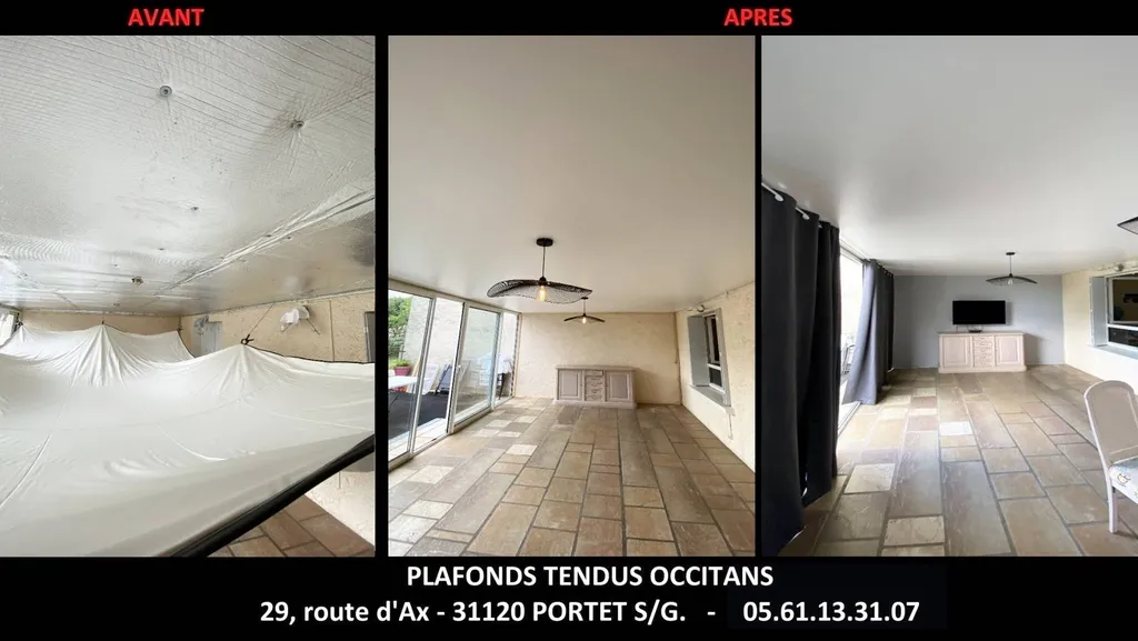 Véranda pose plafond tendu et toile murale mur TV - Plafonds Tendus Occitans L'Isle en Dodon
