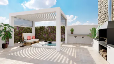 Pergola bioclimatique aluminium 5x4m avec éclairage LED blanc pour prolonger l’usage de la terrasse à L’isle Jourdain proche de Toulouse